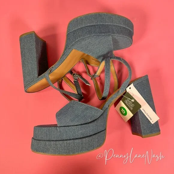 Wild Fable Chunky Block High Heels Denim Sandal Size10 Blue - Picture 10 of 11